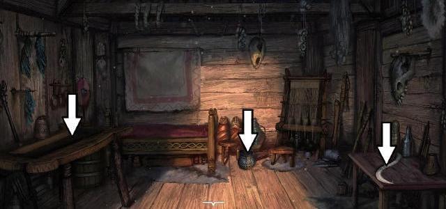 Chata z krosnami Amulet z lodowego zagłębienia zawieś między dwoma innymi (przy lewej krawędzi ekranu). Po animacji podnieś z ziemi klucz.
