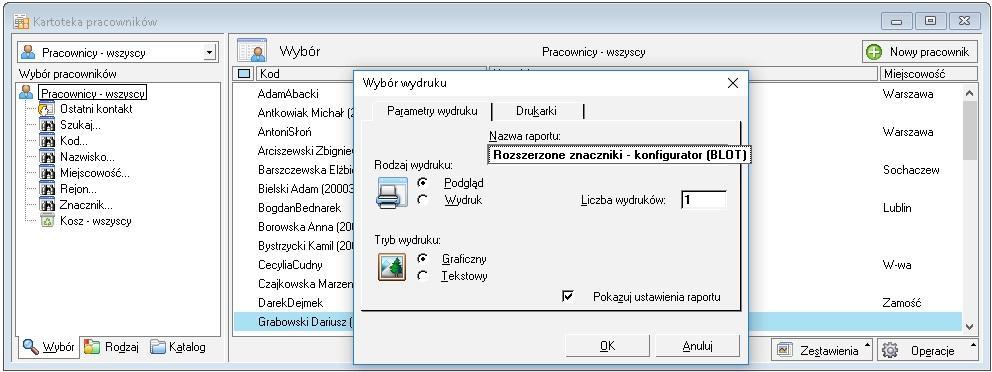 Dzia anie dodatku - konfigurator Przechodzimy do kartoteki pracowników, wybieramy Zestawienia -> Wykonaj raport ->