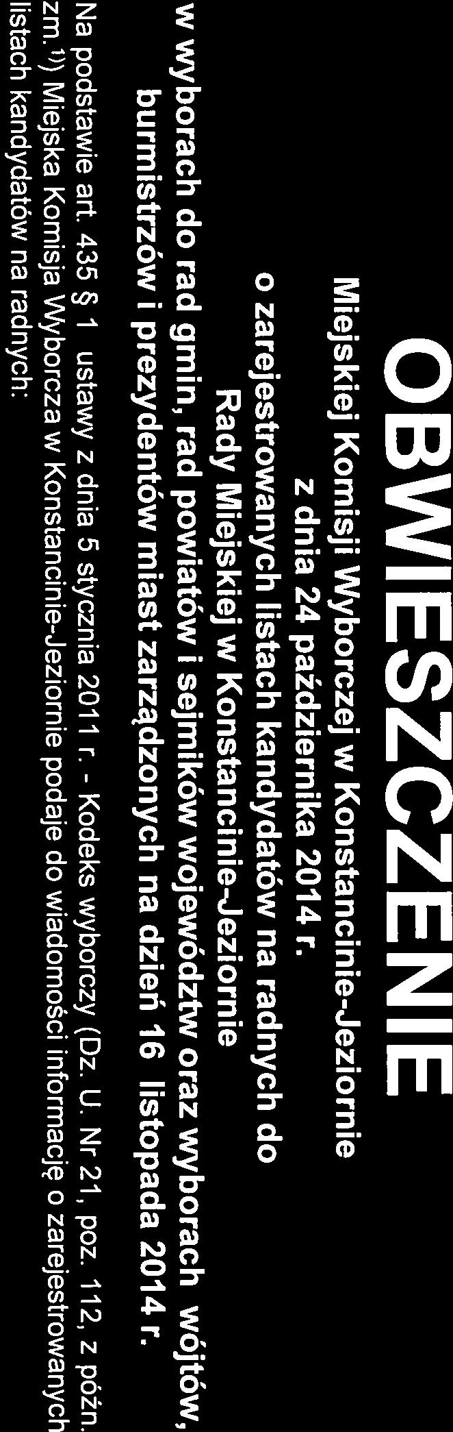 OBWIESZCZENIE Miejskiej Komisji Wyborczej w Konstancinie-Jeziornie z dnia 24 października 2014 r.