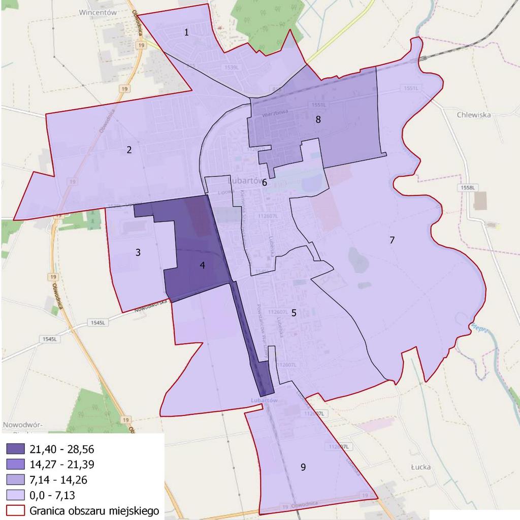 Rysunek 5 Bezrobotni na terenie Lubartowa Źródło: opracowanie własne na podkładzie openstreetmap.org.
