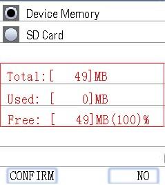 Format: Wybierz pamięć wewnętrzną lub kartę pamięci SD i naciśnij przycisk ENTER, żeby włączyć tryb formatowania.