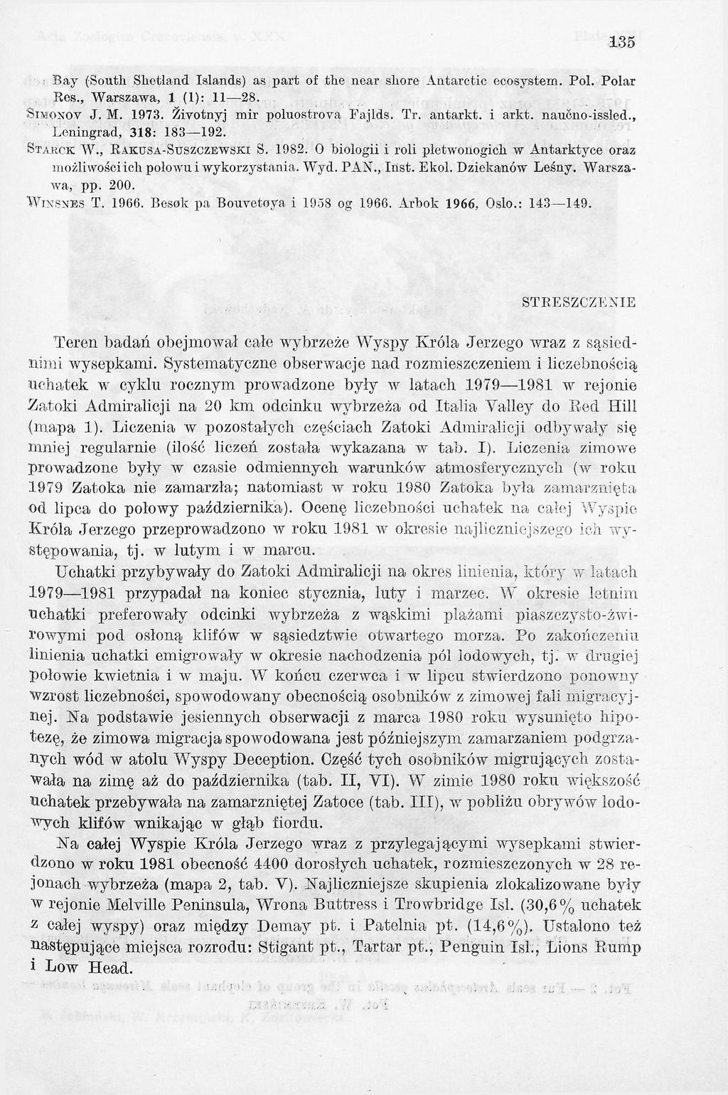 135 Bay (South Shetland Islands) as part of the near shore Antarctic ecosystem. Pol. Polar Res., Warszawa, 1 (1): 11 28. S im o n o v J. M. 1973. Zivotnyj mir poluostrova Fajlds. Tr. antarkt. i arkt.