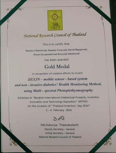 ...Działalność naukowo-badawcza... 2. Złoty medal na Międzynarodowej Wystawie Technologii i Innowacji IPITEX 2016 w Bangkoku (Tajlandia), 2 6 lutego 2016 r.