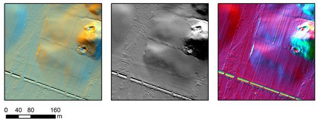 Rys. 8. Kompozycja RGB z trzech modeli cieniowanych; pierwsza składowa wyniku PCA; kompozycja RGB trzech pierwszych składowych PCA Powszechnym modelem pochodnym jest również mapa spadków (ang. slope).