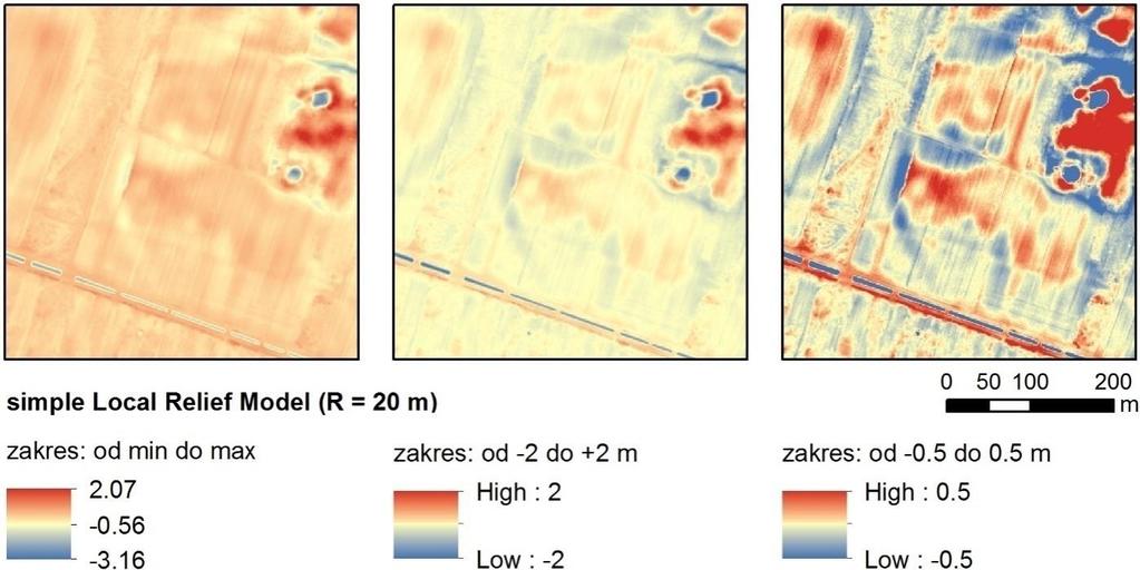 Rys. 14. Ten sam slrm wizualizowany z różnymi ustawieniami wartości minimalnej i maksymalnej tej samej palety barwnej.