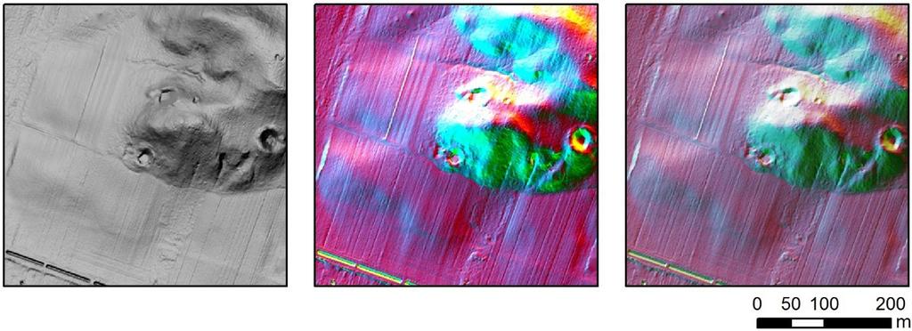 Podobnie złożenie wizualizacji kompozycji RGB trzech pierwszych składowych z wyniku analizy PCA (modeli cieniowanych z różnych kierunków) z półprzezroczystym modelem cieniowanym pozwala