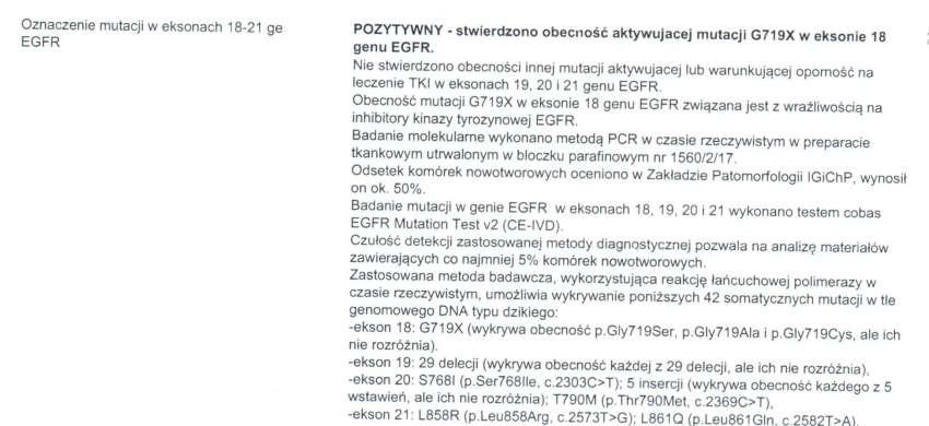 rak gruczołowy płuca prawego ct4n0m1a CS IV wykazano obecność mutacji