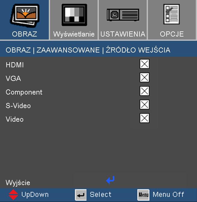 Elementy sterowania użytkownika Jasność Zaawansowane Wejścia Włączenie źródeł wejścia.