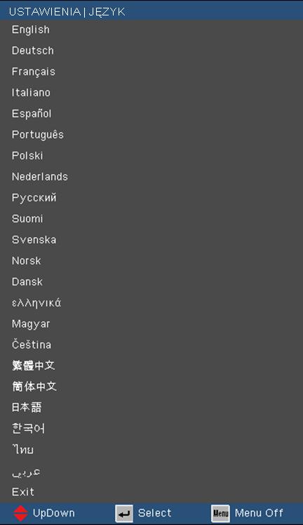 Elementy sterowania użytkownika Ustawienia Język Wybór wielojęzycznego menu OSD.