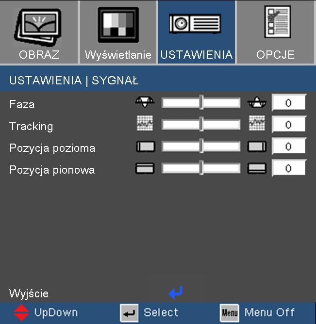 Elementy sterowania użytkownika Ustawienia Sygnał Sygnał jest wyłącznie sygnał w formacie VGA(RGB) i sygnał component.
