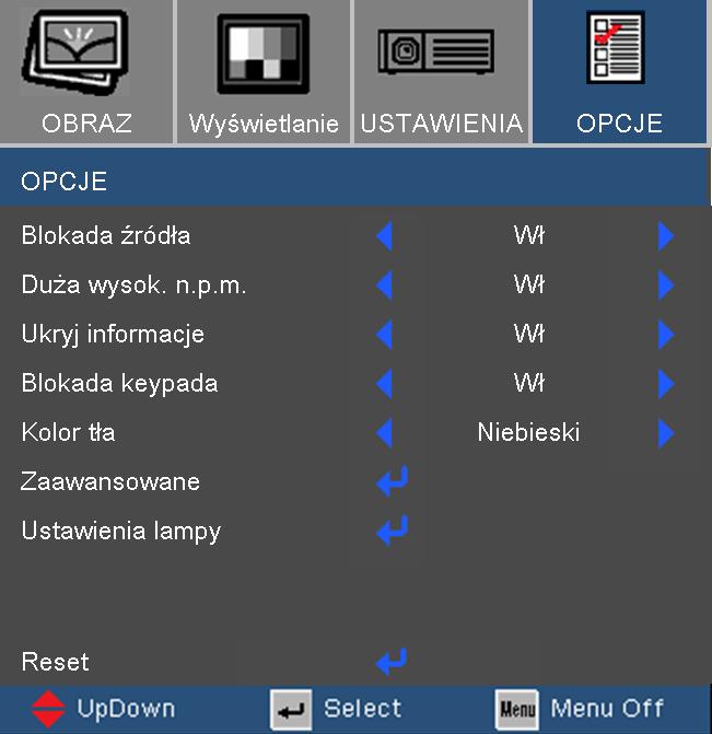 Elementy sterowania użytkownika Opcje Blokada źródła Wł: Projektor przeszuka określony port połączenia. Wył: Po utraceniu bieżącego sygnału, projektor wyszuka inne sygnały. Duża wysok. n.p.m. Wybierz Wł, aby włączyć tryb Duża wysok.