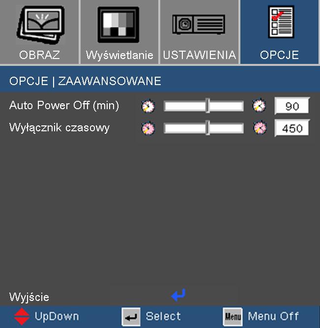 Elementy sterowania użytkownika Opcje Zaawansowane Auto Power Off (min) Ustawia odliczanie czasu do automatycznego wyłączenia.