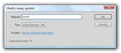 Krok 2 Tworzenie klipa i animacje na jego listwie czasowej Z menu górnego wybierz polecenie Wstaw > Nowy symbol (Windows: Ctrl+F8) i utwórz symbol typu Klip filmowy o nazwie np.