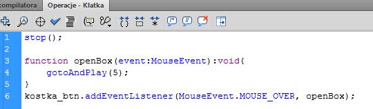 Następnie poniżej akcji stop(); wpisujemy funkcję, która uruchomi dalszą część tworzonego klipa: Krok 4 Praca w scenie głównej Teraz wracamy do naszej głównej sceny.