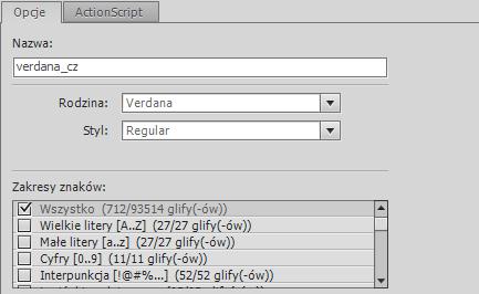 Na karcie Opcje zaznacz glify do osadzenia. Na karcie ActionScript zaznacz opcję Eksportuj do ActionScript.