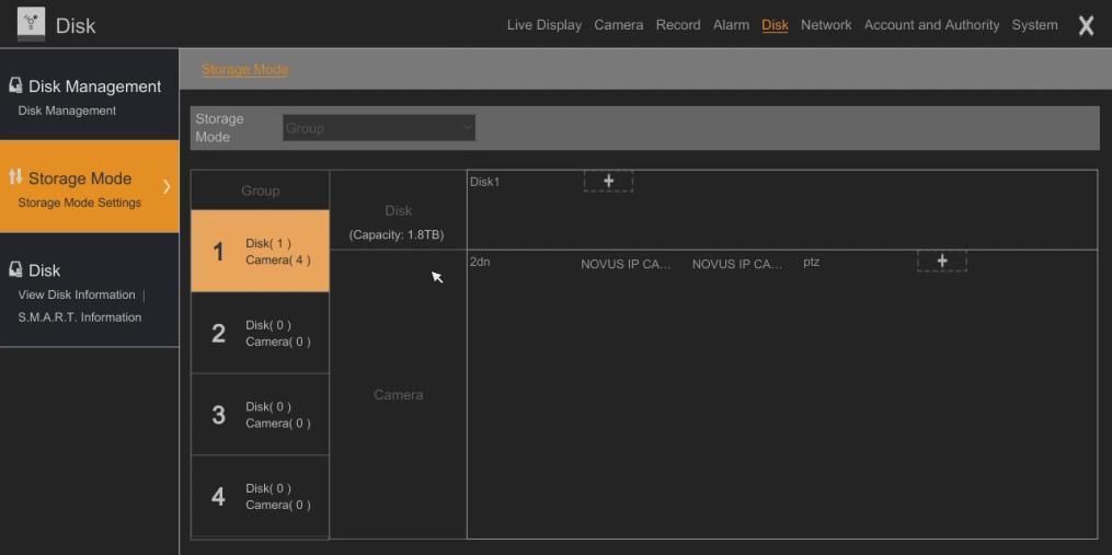 NVR-6332-H2,NVR-6316-H1,NVR-6308P8-H1,NVR-6304P4-H1 User s manual ver.1.0 NVR OPERATING 2.5.2. Storage Mode This menu allows you to create disk groups and cameras allocation to groups.