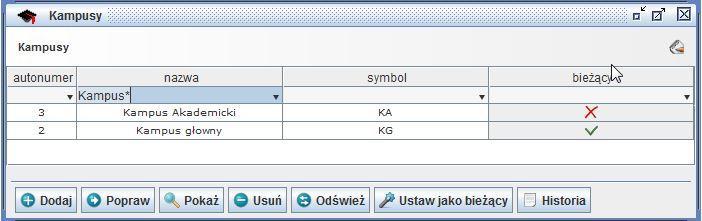 2 Kampusy Aby zarządzać kampusami należy uruchomić odpowiedni moduł [moduł: Dom studenta/zakładka Kartoteki: Kartoteki kampusu: Kampusy].