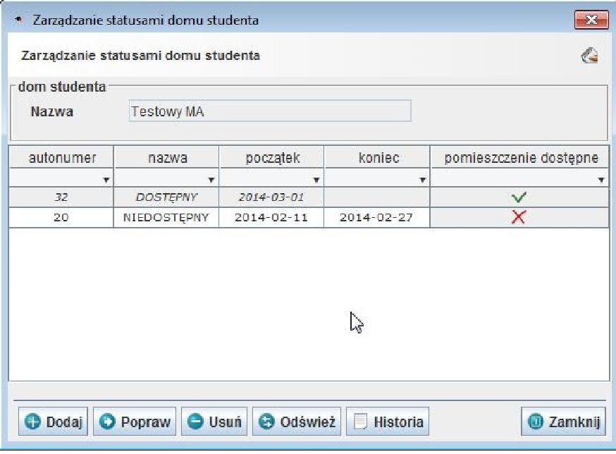 Usuwanie istniejących domów studenckich jest możliwe pod warunkiem, że dany dom nie jest ustawiony jako bieżący (na którym dany użytkownik pracuje w danym momencie widoczność bieżącego domu studenta