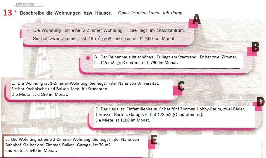 A. Die Wohnung ist eine 2-Zimmer-Wohnung. Sie liegt im Stadtzentrum. Sie hat zwei Zimmer, ist 48 m 2 groß und kostet 360 im Monat. B. Der Reihenhaus ist schönes. Er liegt am Stadtrand.