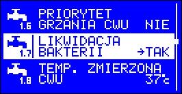 1.7 Likwidacja bakterii w zasobniku CWU regulator umożliwia ręczne załączenie programu likwidacji flory bakteryjnej w zasobniku CWU.
