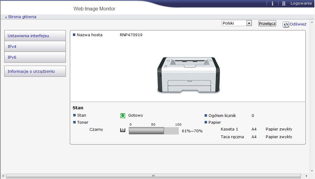 Używanie programu Web Image Monitor 4. Wprowadź hasło administratora, a następnie kliknij [Zaloguj się]. Logując się po raz pierwszy, wprowadź hasło admin133. 5.