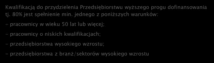 50% ze środków własnych przedsiębiorcy. Kwalifikacją do przydzielenia Przedsiębiorstwu wyższego progu dofinansowania tj. 80% jest spełnienie min.