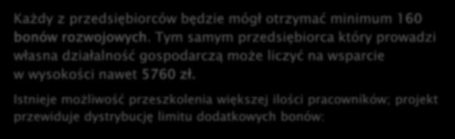 LIMITY BONÓW ROZWOJOWYCH Każdy z przedsiębiorców będzie mógł otrzymać minimum 160 bonów rozwojowych.