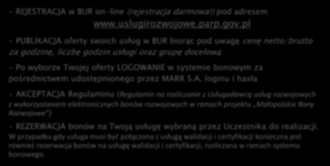 KROK PO KROKU W JAKI SPOSÓB MOŻNA WZIĄĆ UDZIAŁ W PROJEKCIE? - REJESTRACJA w BUR on-line (rejestracja darmowa!) pod adresem www.uslugirozwojowe.parp.gov.