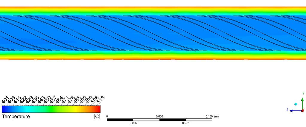 Wyniki obliczeń Przykładowy rozkład temperatury w rurze wewnętrznie ożebrowanej