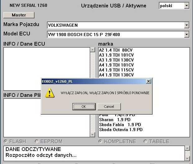 oraz komunikat o odłączeniu interfejsu od usb i podpięciu ponownie