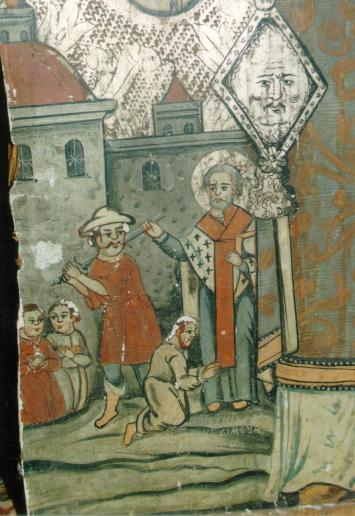 36 Ikony druhej polovice 17. storoèia 6. Sv. Mikuláš s výjavmi z jeho života (detail). Prvá polovica 17. stor. Drevená Cerkva sv. Paraskevy, Dobroslava.