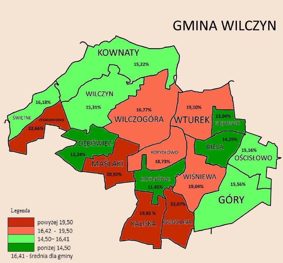 10 Maślaki 153 32 20,92 11 Ościsłowo 310 47 15,16% 12 Świętne 68 11 16,18% 13 Wilczogóra 1 282 215 16,77% 14 Wilczyn 1 326 203 15,31% 15 Wiśniewa 457 87 19,04% 16 Wturek 356 68 19,10% 17 Zygmuntowo