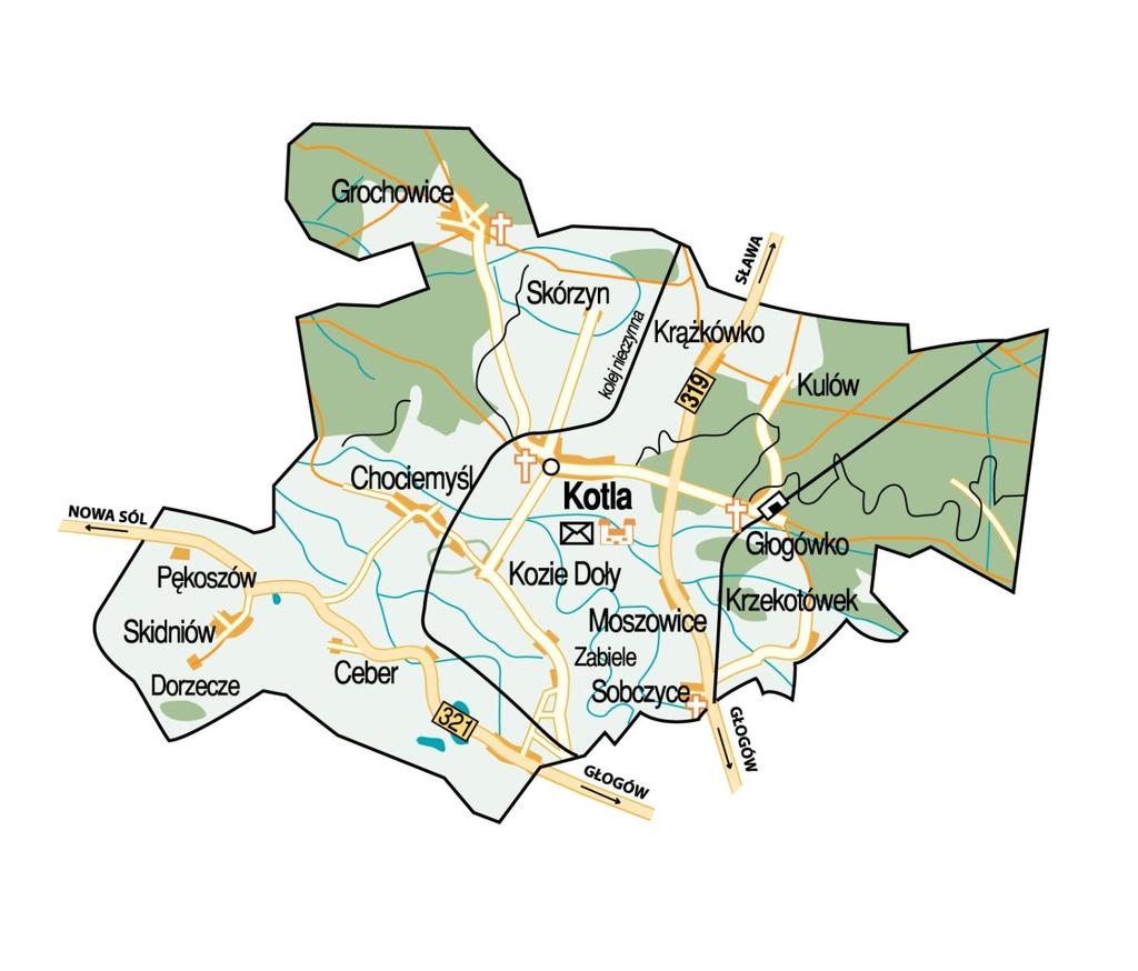 Mapa Gminy Kotla Po wdrożeniu reformy administracyjnej, od 1 stycznia 1999 roku gmina wiejska Kotla wchodzi w skład województwa dolnośląskiego oraz powiatu głogowskiego.