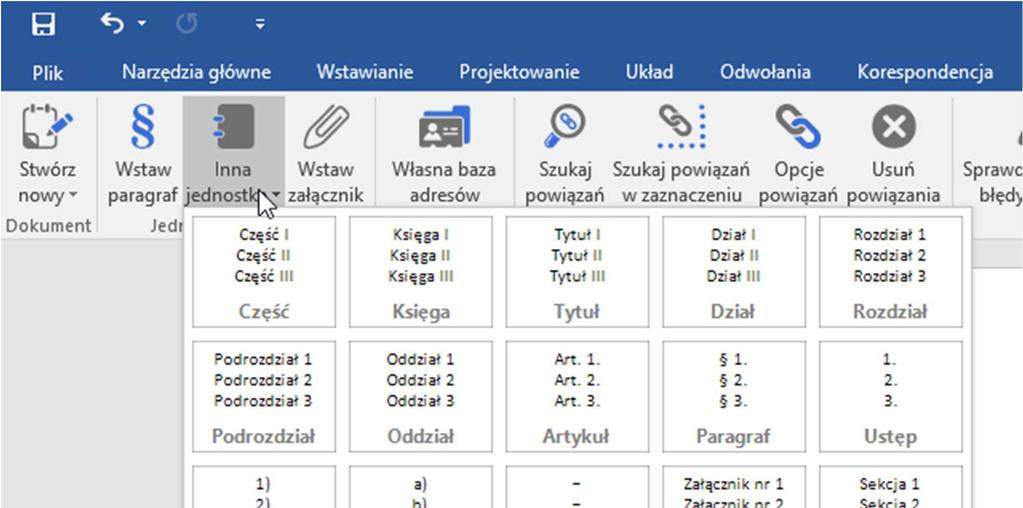 Aby wstawić jedną z wyżej wymienionych jednostek redakcyjnych należy kliknąć na ikonę Inna jednostka i z rozwijanego menu wybrać pożądaną opcję (rys 10). Rys 10.