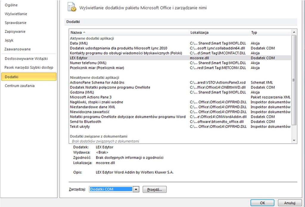 Rys. 4 Dodatkowe opcje w programie MS Word 4. Uaktywnienie modułu LEX Edytor Logowanie do serwisu LEX jest wymagane, aby potwierdzić uprawnienia użytkownika do korzystania z wtyczki LEX Edytor.