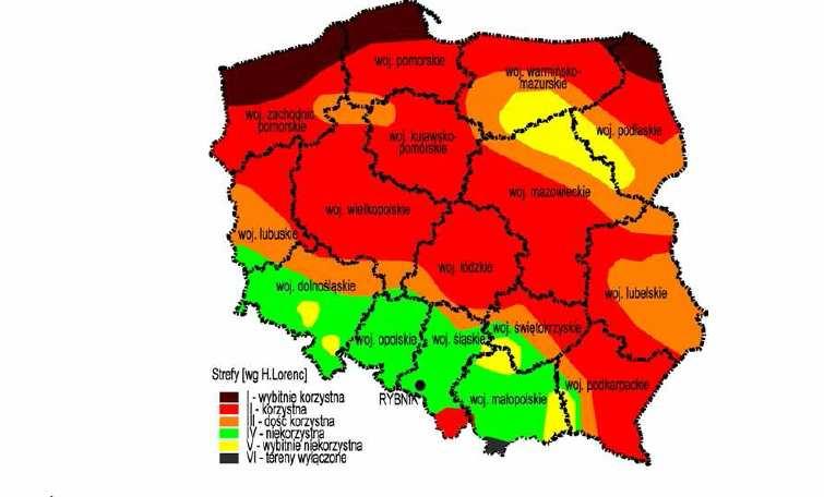 prędkości wiatru na terenie Polski wykonywane przez IMGW pozwoliły na dokonanie wstępnego podziału naszego kraju na strefy zróżnicowania pod względem wykorzystania energii wiatru.