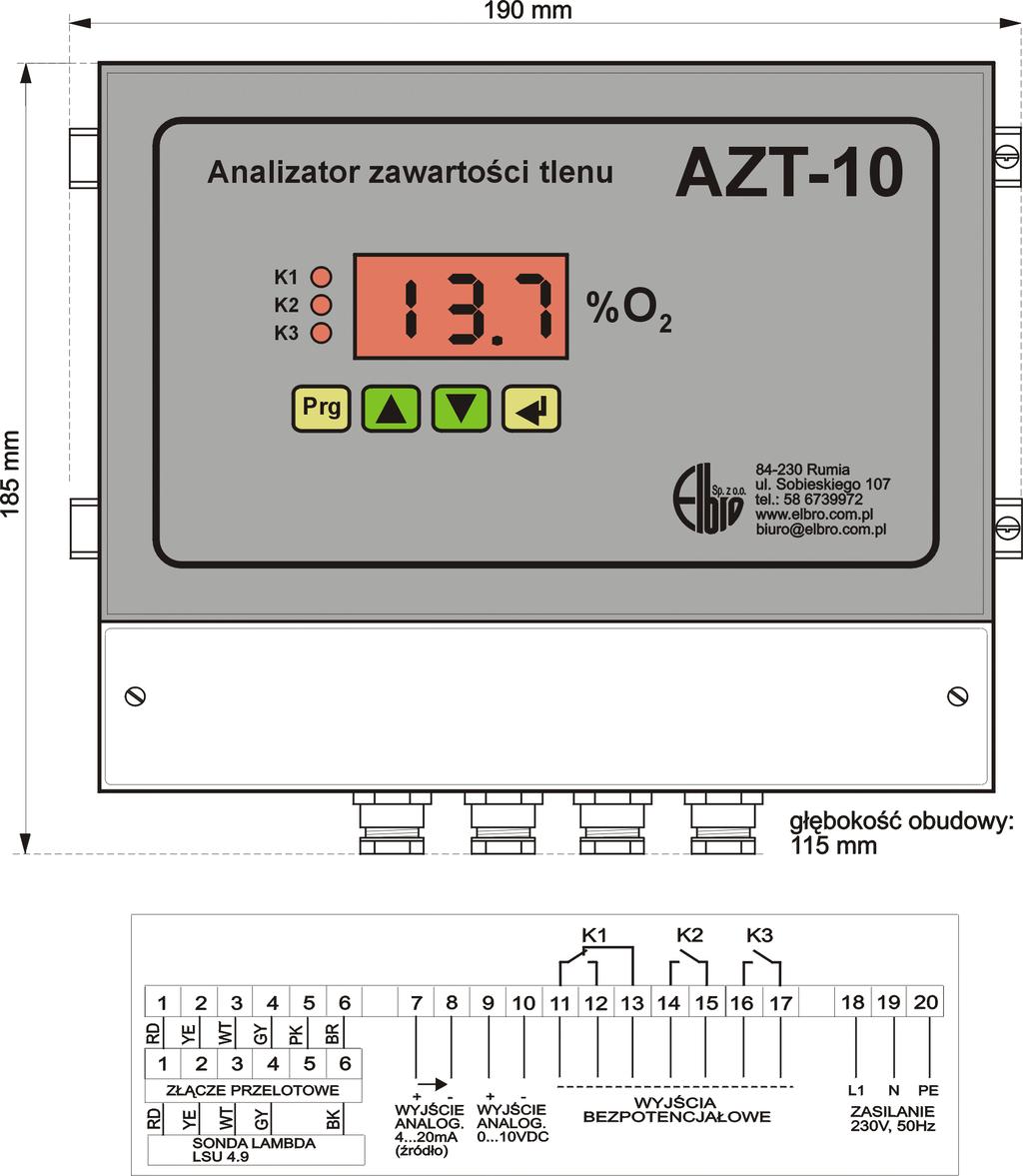 Rys. 1 Widok elewacji analizatora wraz z listwą przyłączeniową Analizator AZT-10 przeznaczony jest do pomiaru zawartości tlenu w spalinach kotłów na biomasę, węgiel, miał węglowy, pelety.