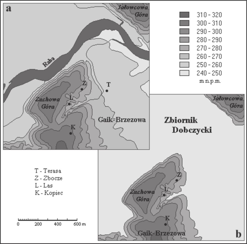 Ryc. 1. Otoczenie Gaika Brzezowej przed (a) i po (b) wybudowaniu Zbiornika Dobczyckiego lokalizacja stacji wg J. Majerczak (1995), P. Jezioro (2000) Fig 1.