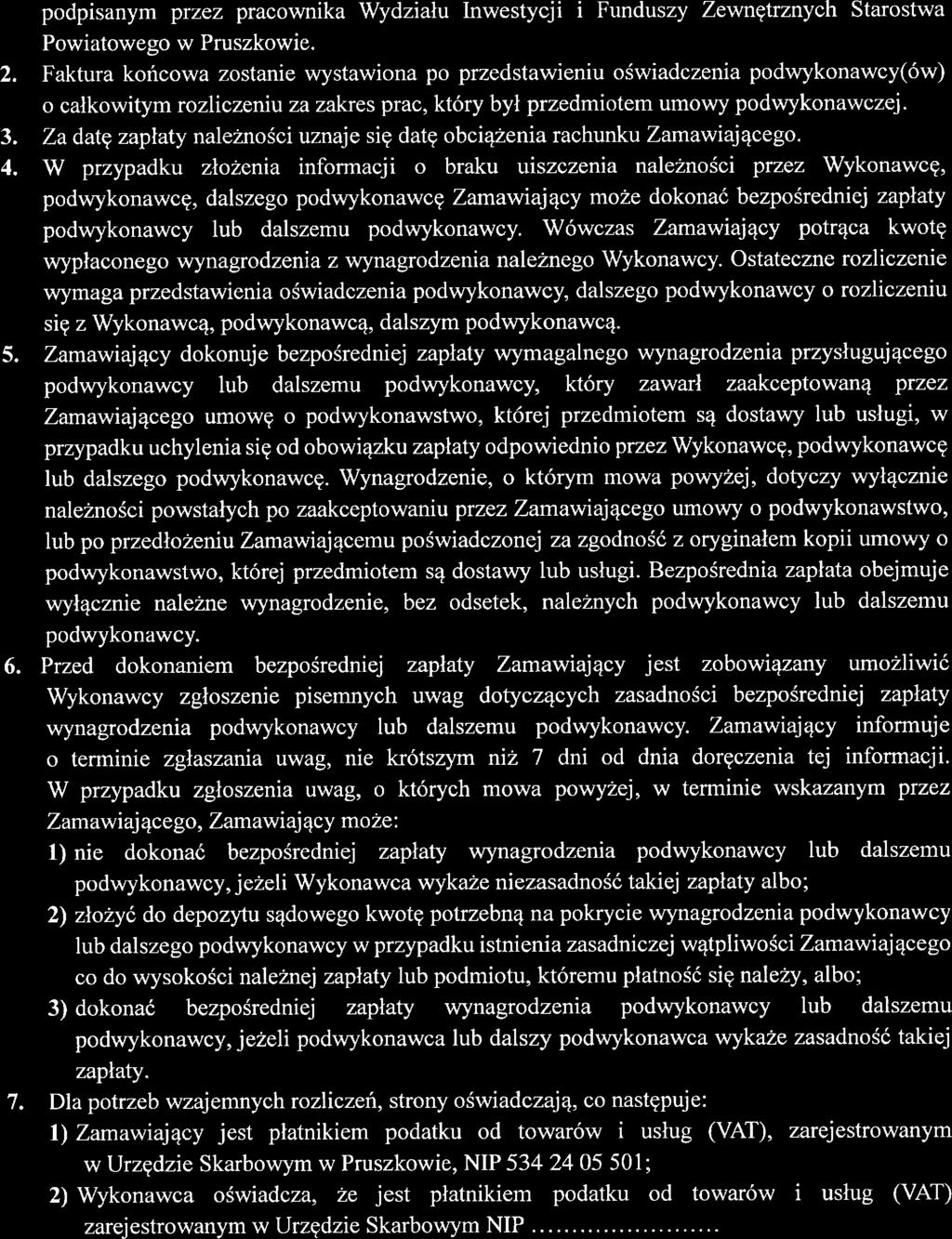 5 6. 7. podpisanym przez pracowmka Wydziału Inwestycji i Funduszy Zewnętrznych Starostwa Powiatowego w Pruszkowie.