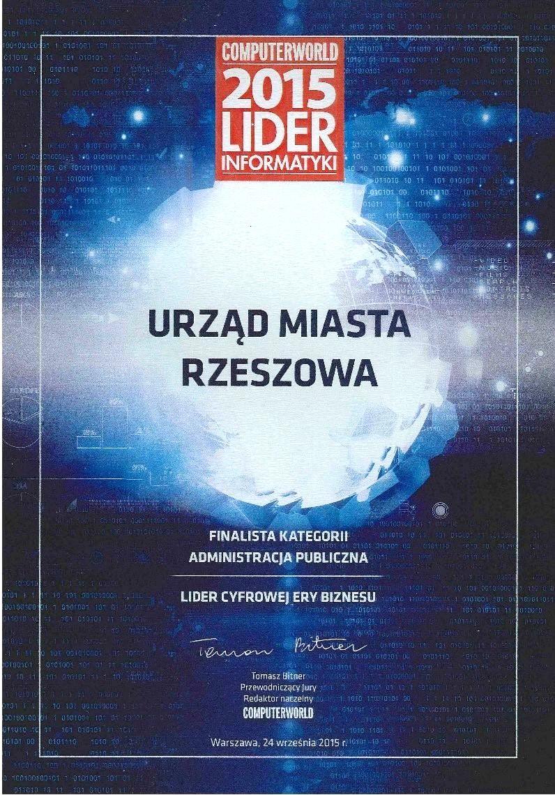 Urząd Miasta Rzeszowa zdobył wyróżnienie w tegorocznej edycji konkursu Computerworld Lider Informatyki 2015 w kategorii Administracja publiczna za