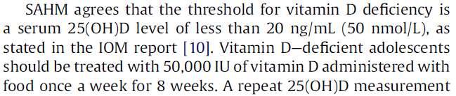 Society for Adolescent Health and Medicine: Recommended Vitamin D Intake