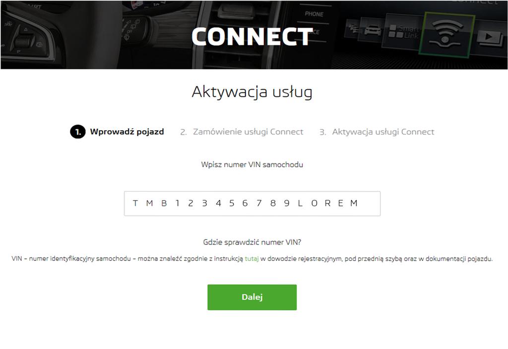 3. Wprowadź składający się z 17 znaków numer identyfikacyjny (VIN) samochodu.
