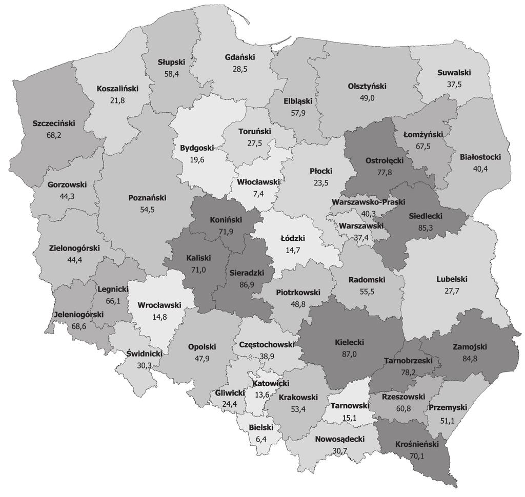 ji karnych w poszczególnych okręgach sądowych 45 Mapa 1. Art. 178a 1 k.k. odsetki kary grzywny samoistnej w poszczególnych okręgach sądowych* Legenda: 70% + 60%