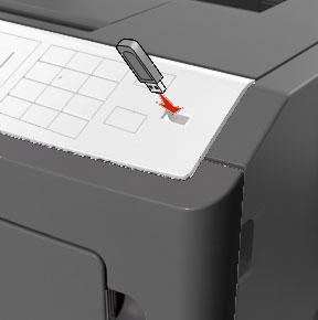 1. Włóż napęd flash do portu USB. Uwagi: - Jeśli zainstalowano napęd flash, jego ikona jest wyświetlana na panelu sterowania drukarki oraz na ikonie zadań wstrzymanych.