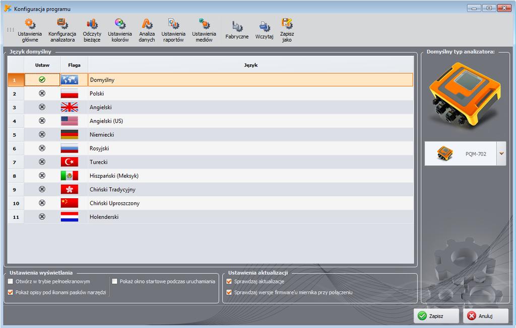 6 Inne opcje programu Rys. 81. Konfiguracja programu Ustawienia główne. DOMYŚLNY TYP ANALIZATORA umożliwia wybranie z listy domyślnego analizatora; ma to wpływ np.