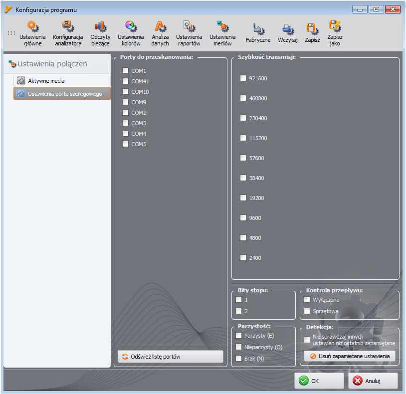 6 Inne opcje programu opcję. W obu przypadkach należy zapewnić, aby parametry transmisji analizatora były w zbiorze ustawień na wybranych na tej karcie.