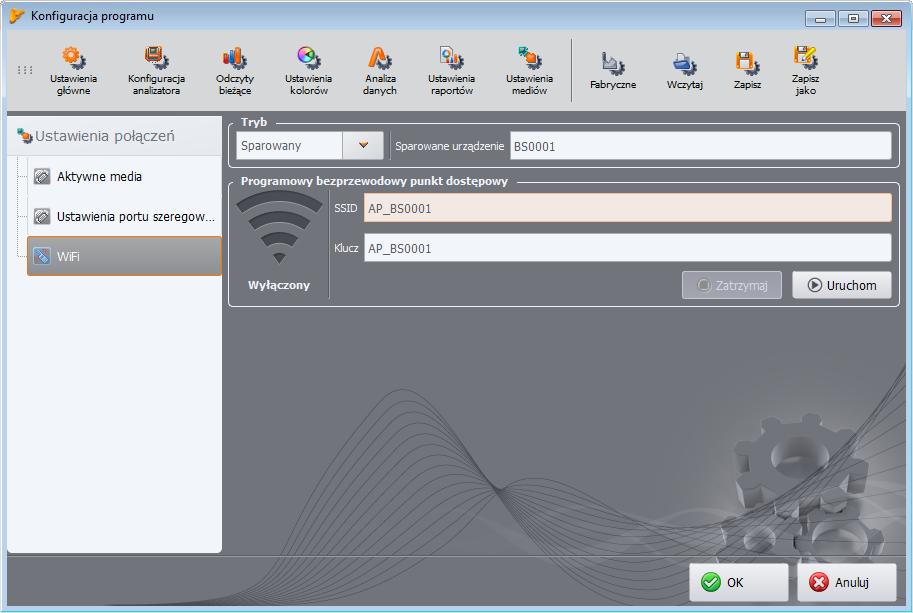 Instrukcja obsługi Sonel Analiza 4 Rys. 91. Konfiguracja Wi-Fi. W oknie tym dostępne są następujące opcje: włączenie/wyłączenie punktu dostępowego (przyciski URUCHOM i ZATRZYMAJ).