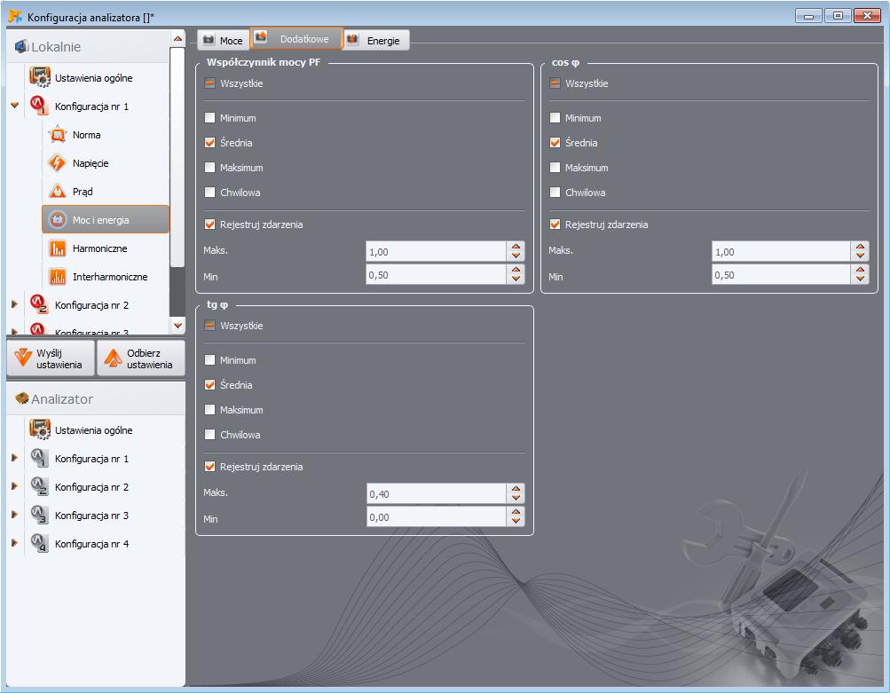 3 Konfiguracja pomiarowa analizatora Dla każdej z tych mocy można włączyć rejestrację zdarzeń.