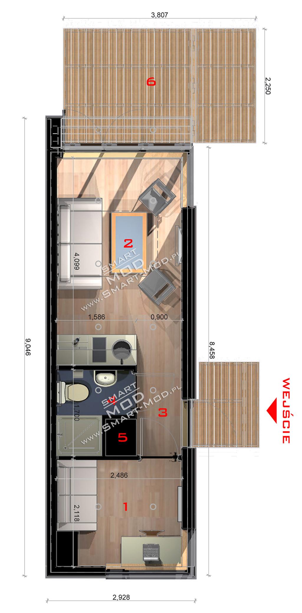 SmartMod Apartament 25 strona 3 Rzut Modułu Apartament 25 Zestawienie pomieszczeń: 1 - Sypialnia - 5m² 2 - Salon z aneksem kuchennym - 10m² 3 - Korytarz wejściowy - 2m² 4