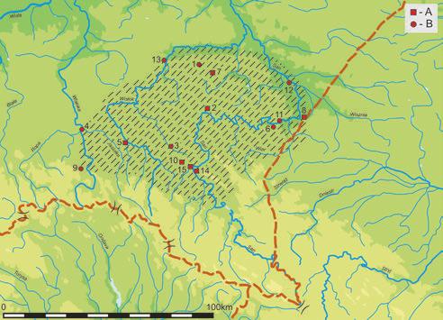 128 MACIEJ KARWOWSKI Ryc. 2. Zasięg występowania materiałów kultury lateńskiej na Podkarpaciu z zaznaczonymi głównymi stanowiskami omówionymi w tekście (A osady, B znaleziska pojedyncze): 1.